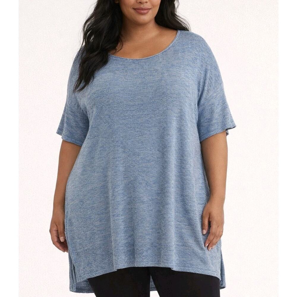 Eileen Fisher Bateau Neck Knit Tunic Top Sz 1X Blue Stretch Linen Short Sleeves